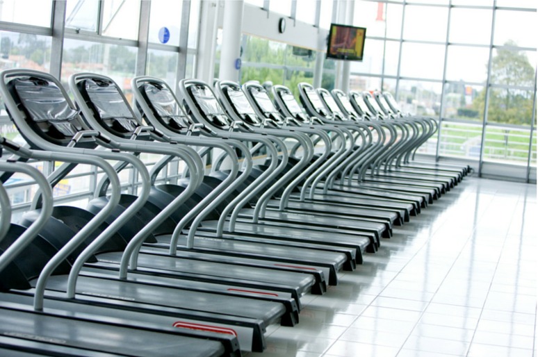 Image of a long row of treadmills in a gym