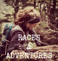 Heather Hart climbing up a large boulder during a trail running race with text "Races & Adventures" on image