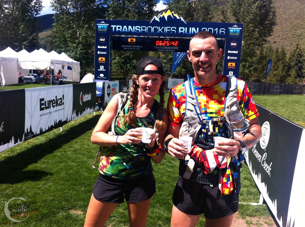 Heather and Geoff Hart smiling at the finish line of stage 5 of the TransRockies Run 6 day stage race