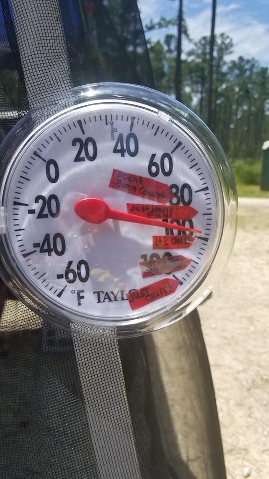 Outdoor thermometer reading 99 degrees at an ultramarathon 