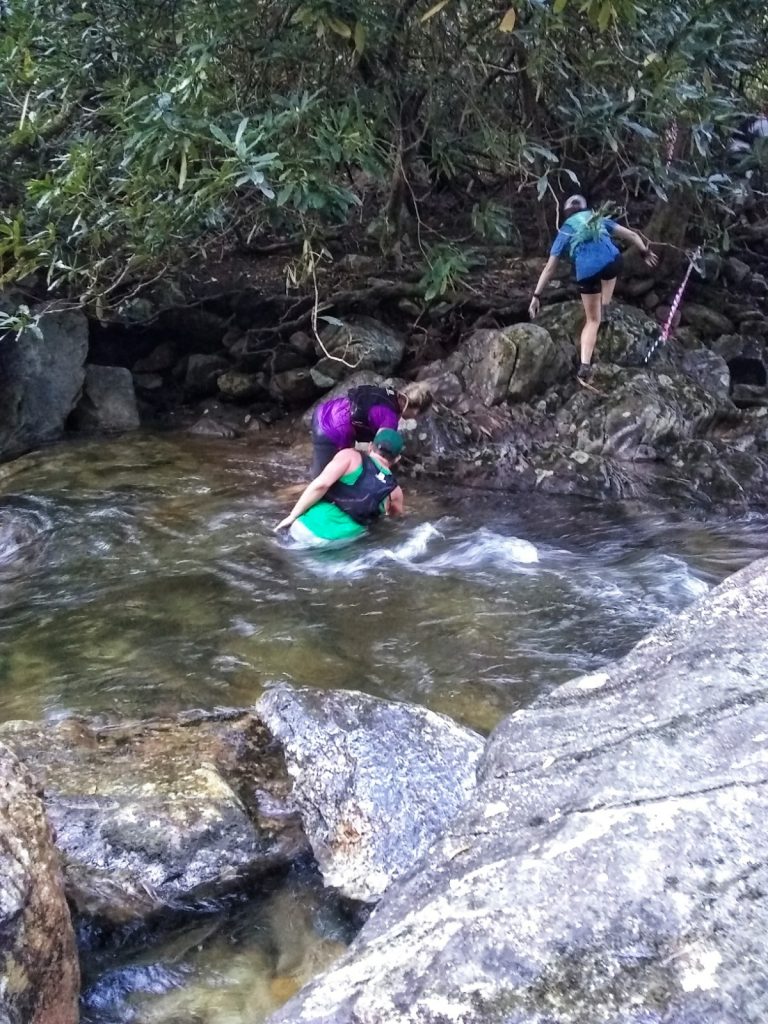 Image of ultrarunners in a river crossing during a 50K ultramarathon