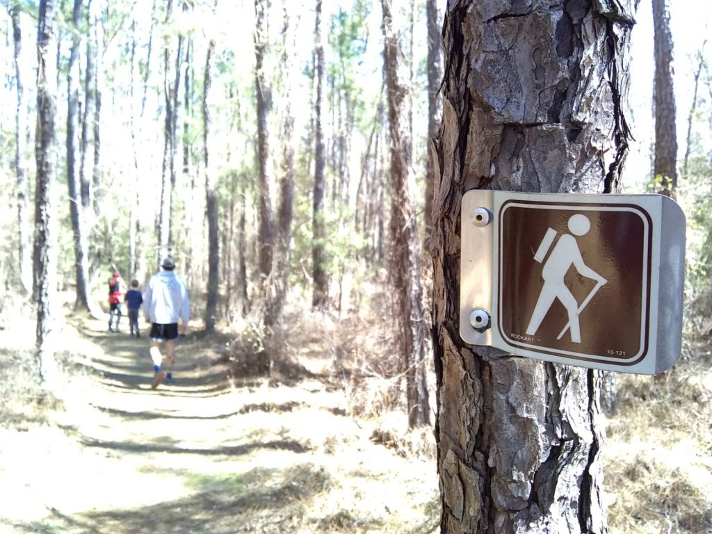 Photo of a trail blaze marker signifying where a running trail goes.  