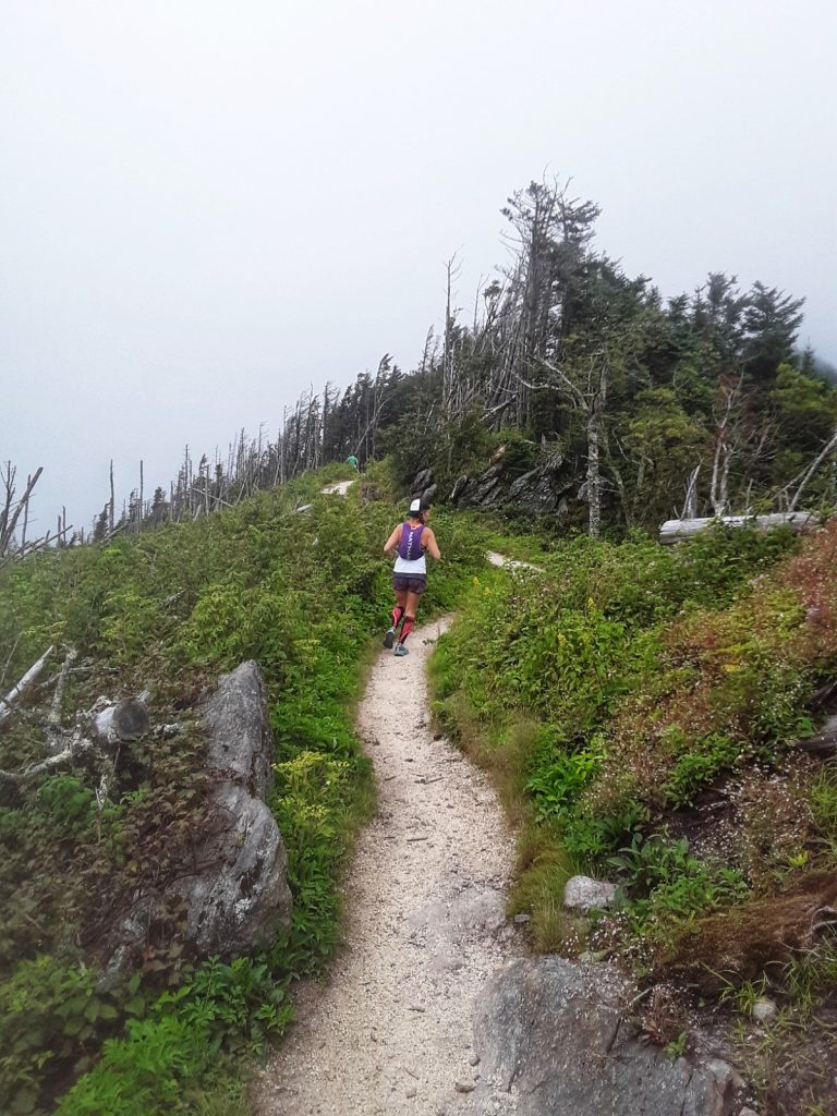 photo of a trail runner running down a single track trail into the forest atop a mountain 