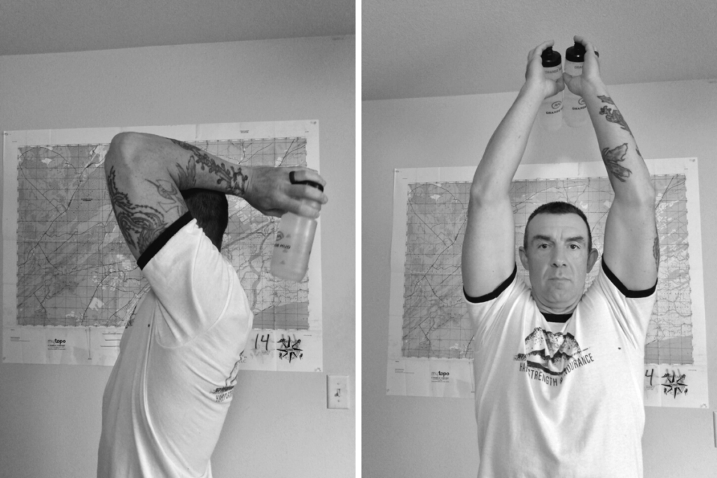 Overhead triceps extension with water bottles
