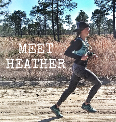 Ultramarathon coach Heather Hart running down dirt road  with text "Meet Heather" 