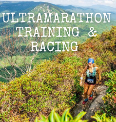 Ultrarunning Coach Heather Hart running through the mountains during a race with text "Ultramarathon Training & Racing" 