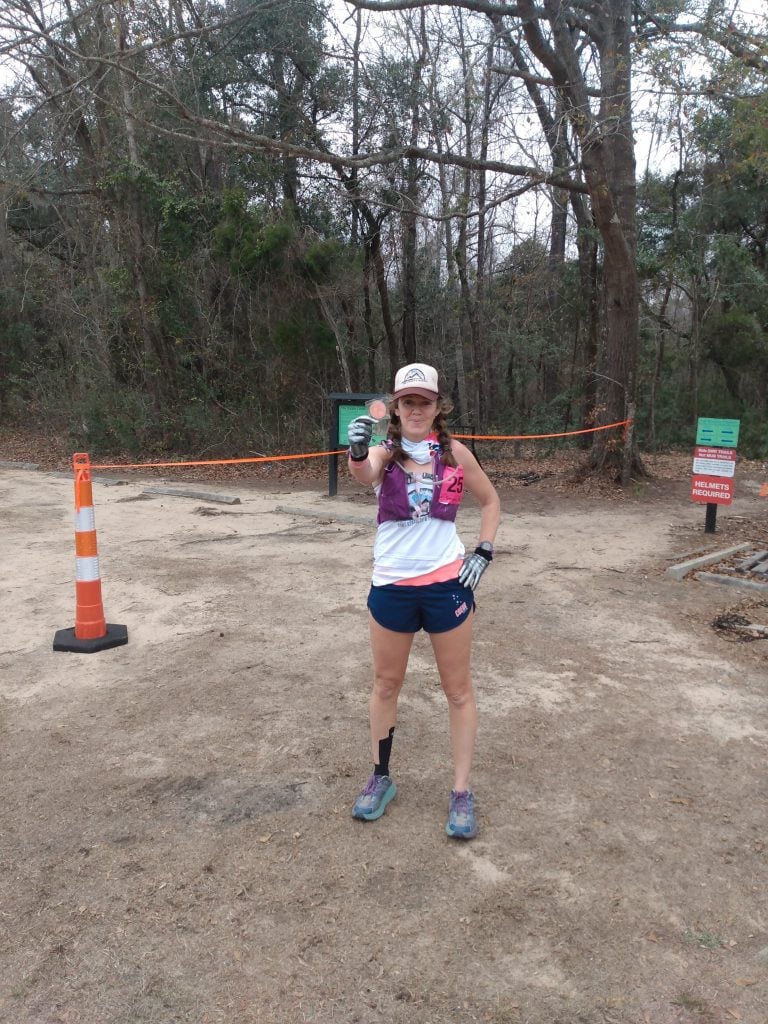 Heather Hart at the finish line of the 2021 Hallucination 6 12 24 hour trail 