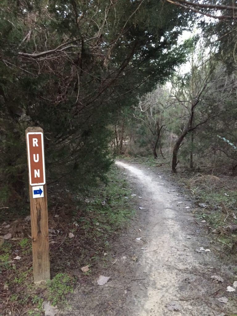 RUN trail sign at the Horry County Bike & Run park