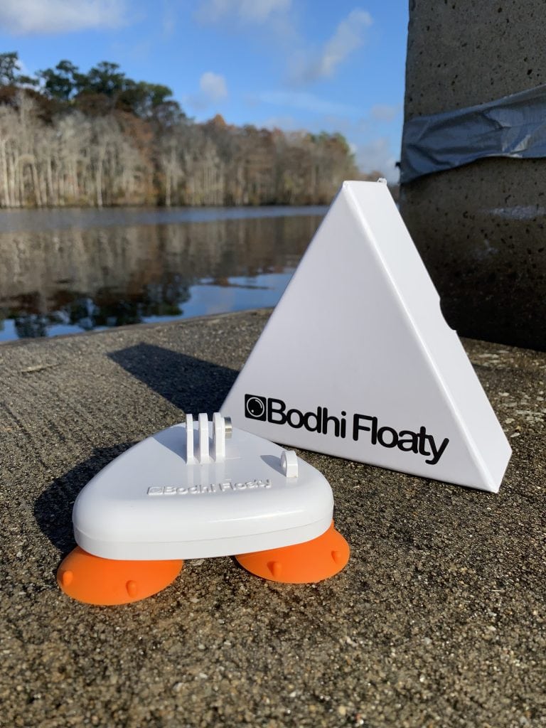 Bhodi Floaty GoPro Attachment sitting on a boat dock