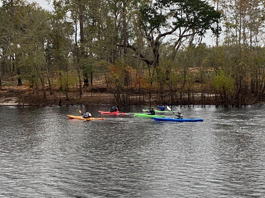 Group of kayakers in a river on a cold rainy day 