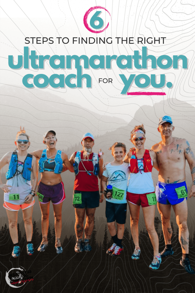 An Ultramarathon Coach stands with her team at the start of an ultra.  Title "6 Steps to Finding the Right Ultramarathon Coach for You."