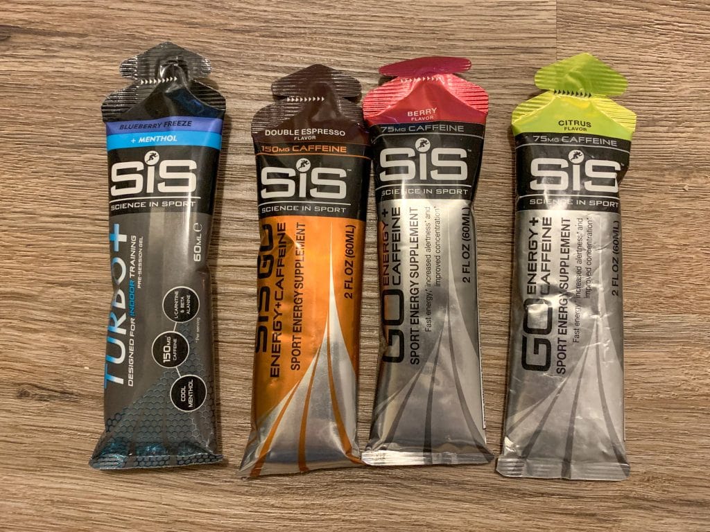 a row of various Science in Sport Caffeinated Gels