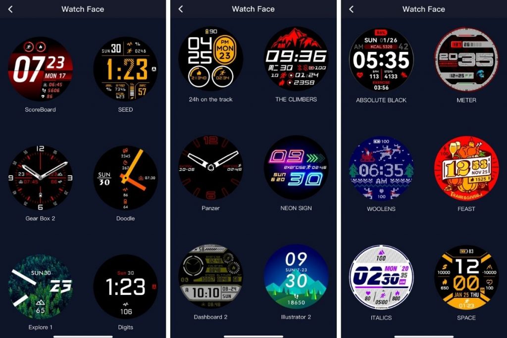 Three images of screenshots from the COROS app demonstrating available watch faces