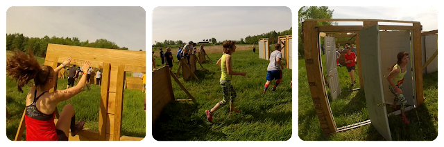 Athletes running through the “Forcible Fury”: the through the window/over the wall/through the door sequence obstacle - at the Hero Rush OCR