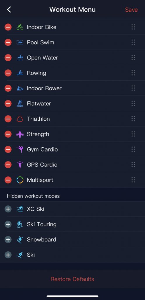 Screenshot of the workout mode settings available in the COROS phone app