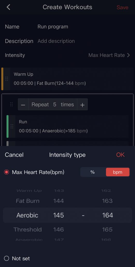 Screenshot of the workout builder in the COROS phone app