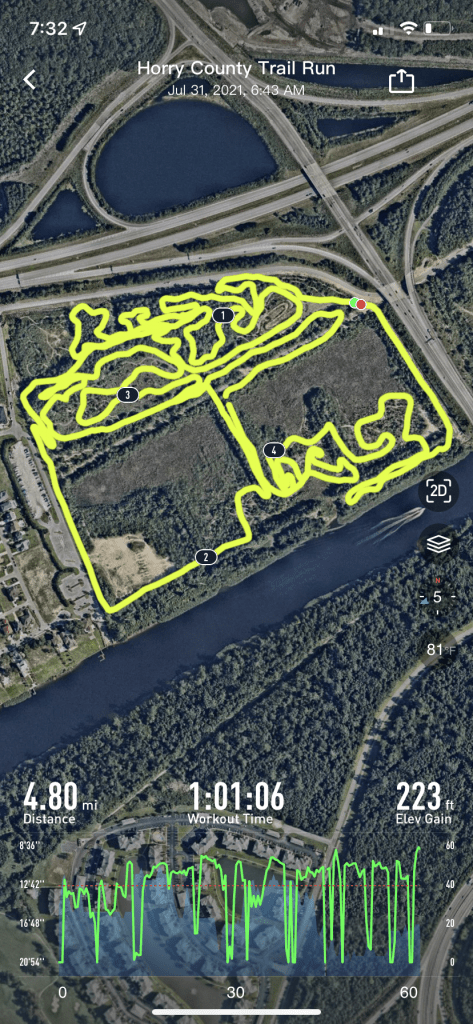 Screenshot of the workout GPS map of a trail run on a COROS APEX 46mm
