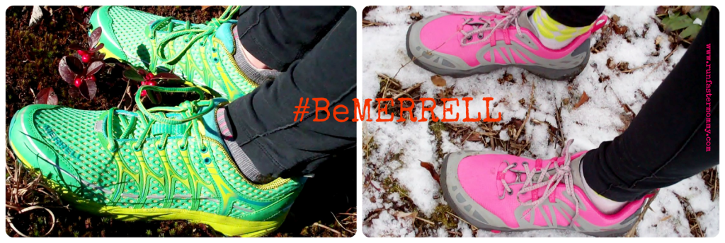 Collage of various Merrell M-Connect Shoes on runner's feet