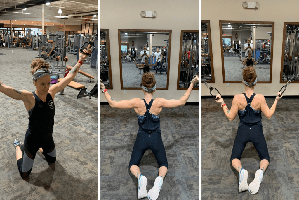 Three images of a woman performing a latissimus dorsi strength training exercise at the gym