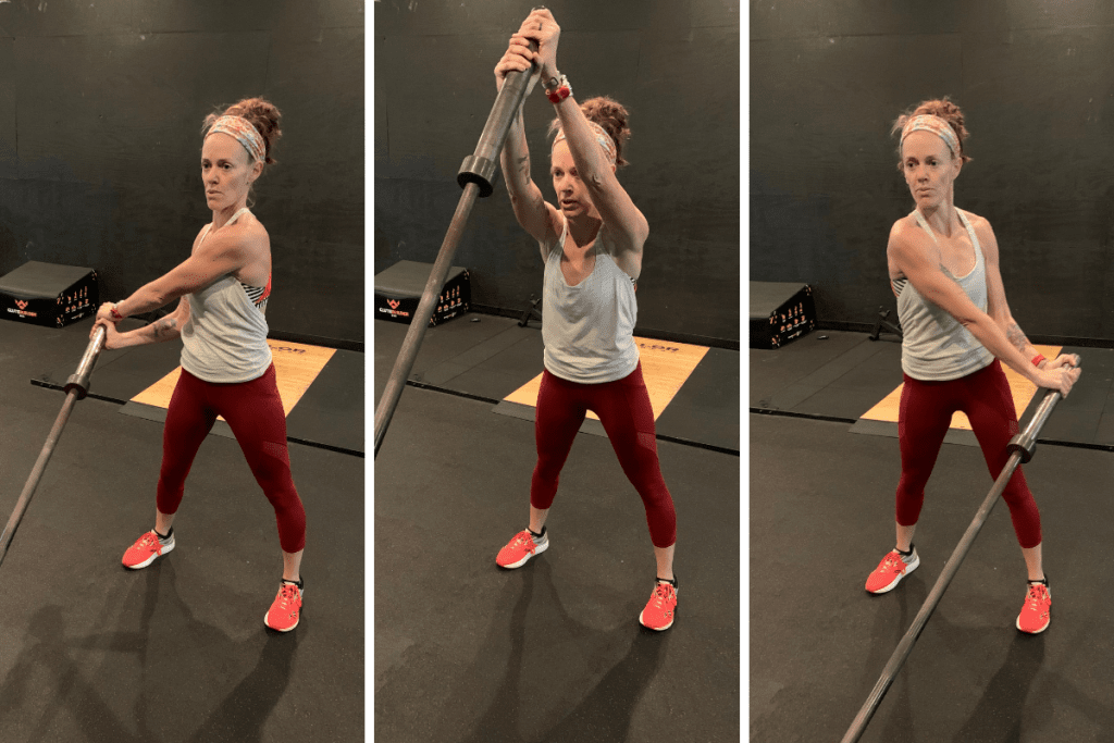 Heather Hart demonstrating a landmine anti-rotational exercise  Strength Training for Trail and Ultra Runners: 11+ Pros, Cons, & Misconceptions Explained