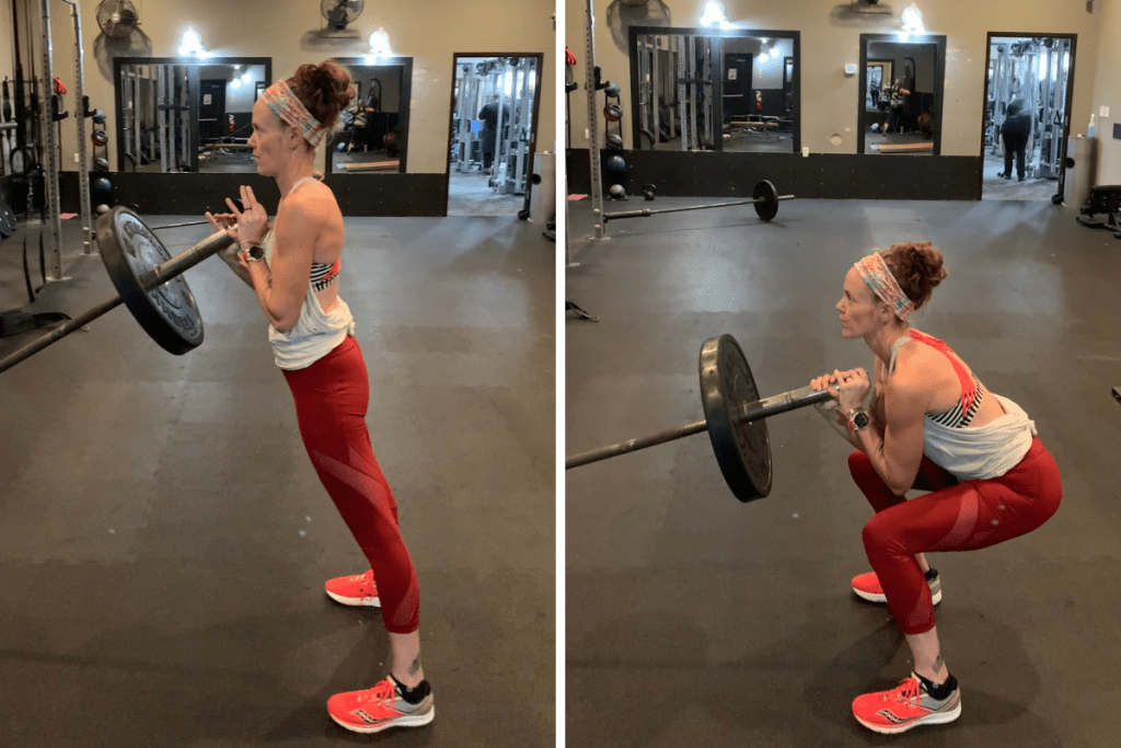 Split photo of a woman performing a landmine squat in a weight room at a gym 