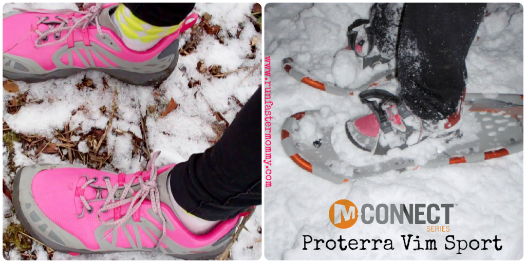 Two image collage of the Merrell Proterra Vim Sport, one of the shoes on feet in the snow, and the other actually in a pair of snowshoes