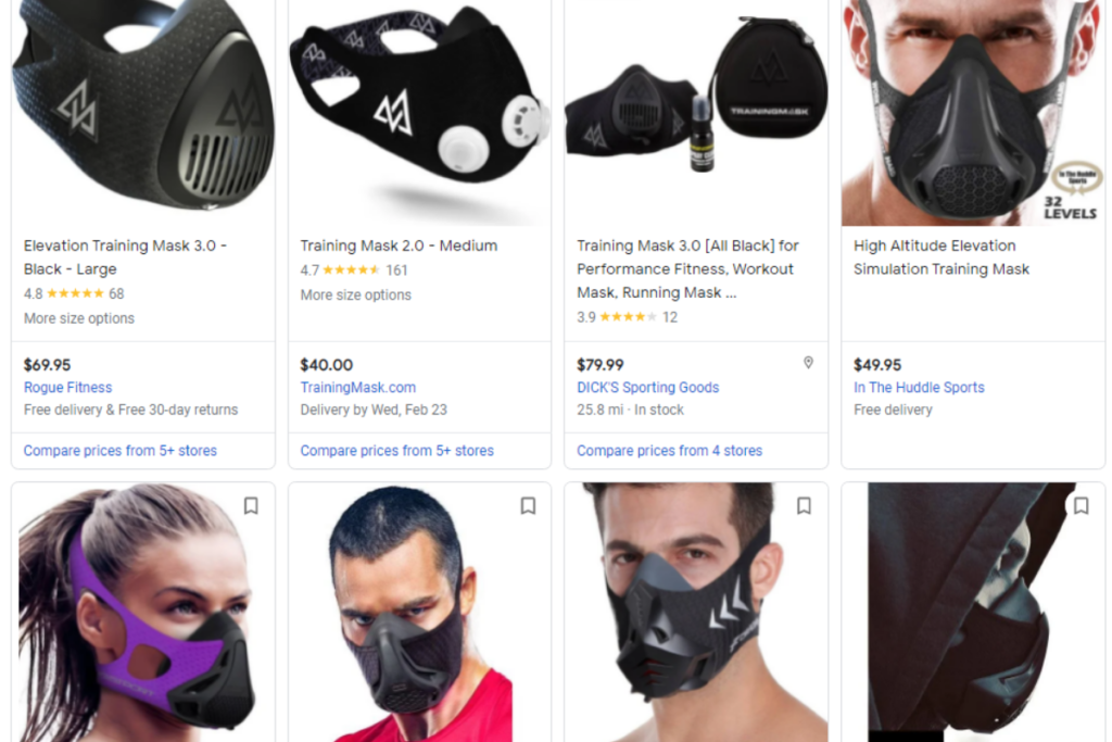 Internet browser screenshot of 8 different altitude training masks for sale