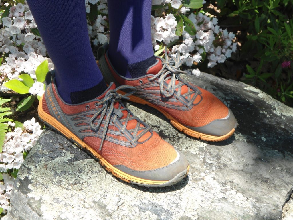 Merrell Ascend Trail Glove shoes standing on a rock with flowers behind them
