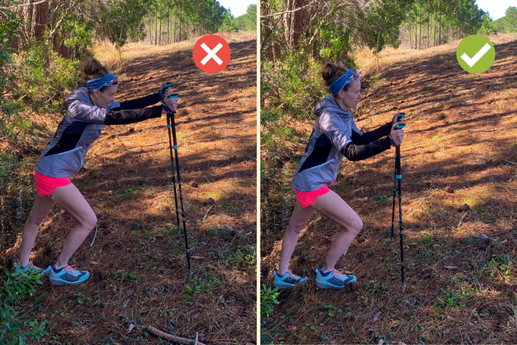 Side by side comparison of the wrong and right way to use trekking poles while climbing a hill