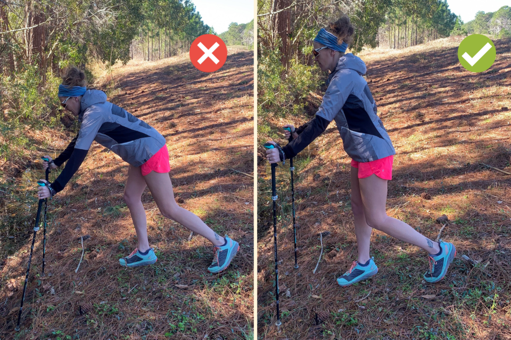 Side by side comparison of the wrong and right way to use trekking poles while descending a hill