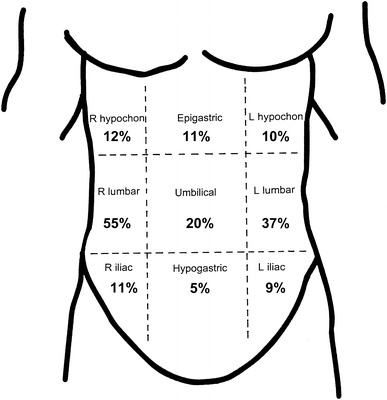 Diagram of a human torso indicating where runners reported side stitches occuring