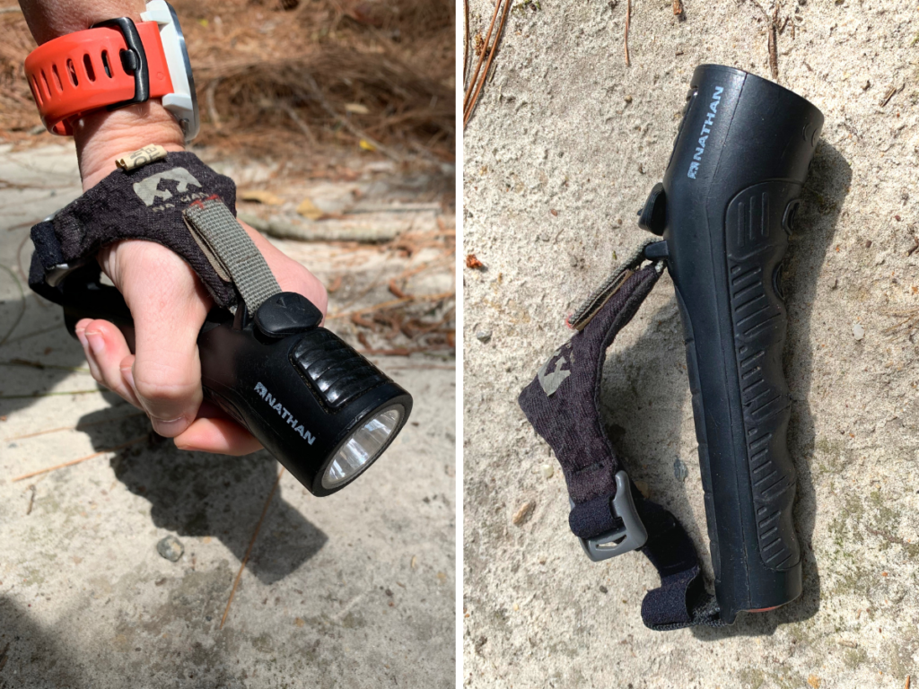 Two images of the Nathan Terra Fire Hand Torch, one on the ground, and one in the hand of a runner