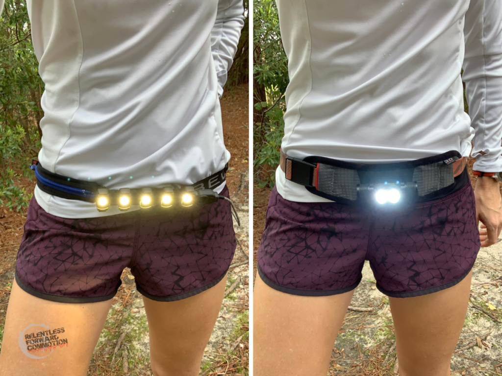 Kogalla vs. UltrAspire Which is better? Side by side image of a kogalla RA light and an UltrAspire waist light around the waist of a runner
