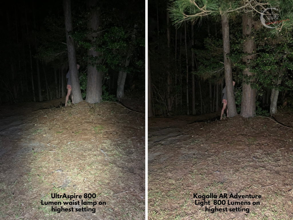 The photo on the left was taken using the UltrAspire Lumen 800 Multisport waist light on the highest setting.  The photo on the right was taken using the Kogalla AR Adventure Light (800 Lumens) on the highest setting. 