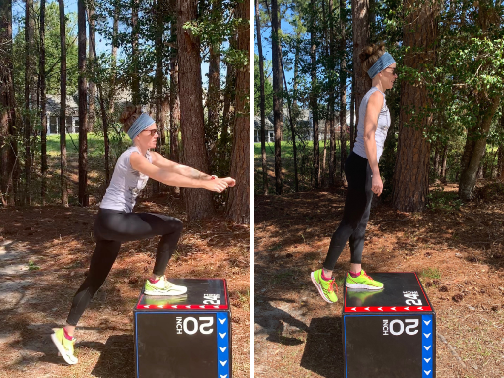 Coach Heather Hart demonstrating the step up exercise on a plyometric box 