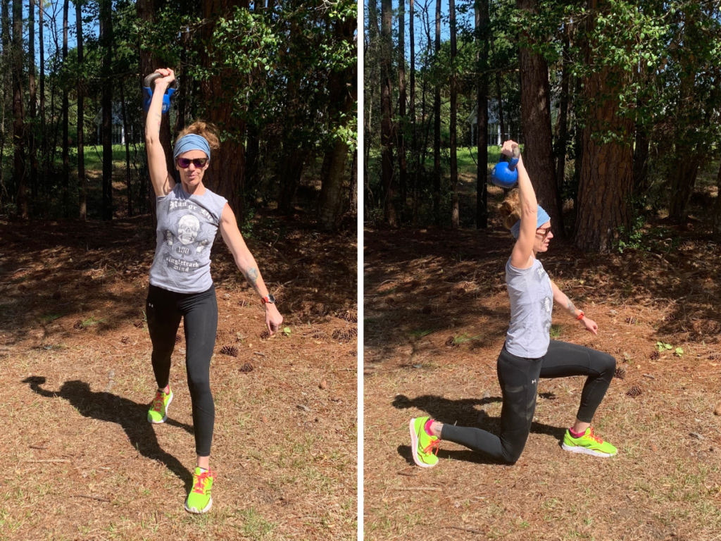 split image of Heather Hart performing walking lunges with a kettlebell overhead