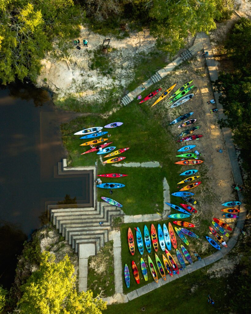 Ariel view of kayaks on the shore during the 2022 KFB Lynches River Adventure Race