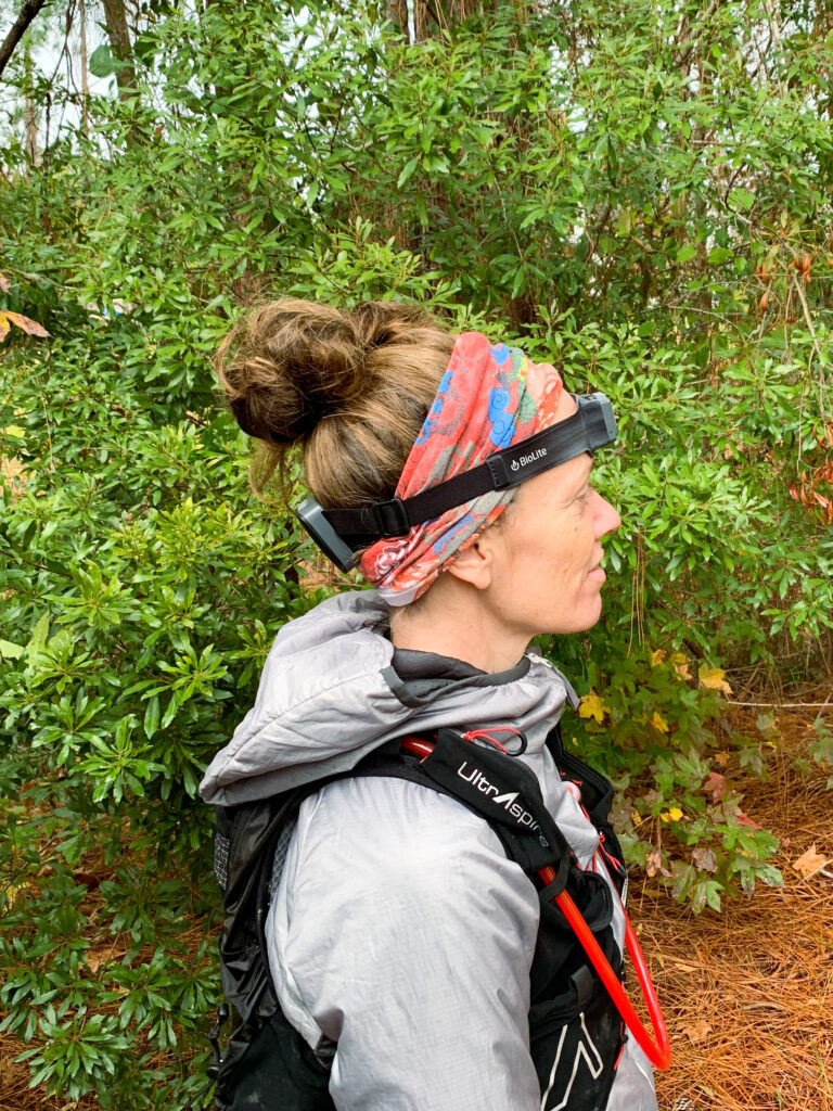 Heather Hart wearing the BioLite HeadLamp 800 Pro, side view