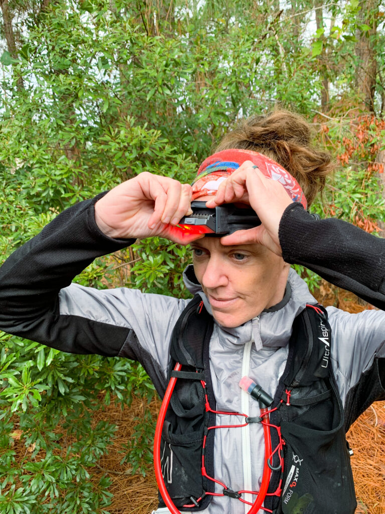 Heather Hart demonstrating the articulating front light of the BioLite HeadLamp 800 Pro