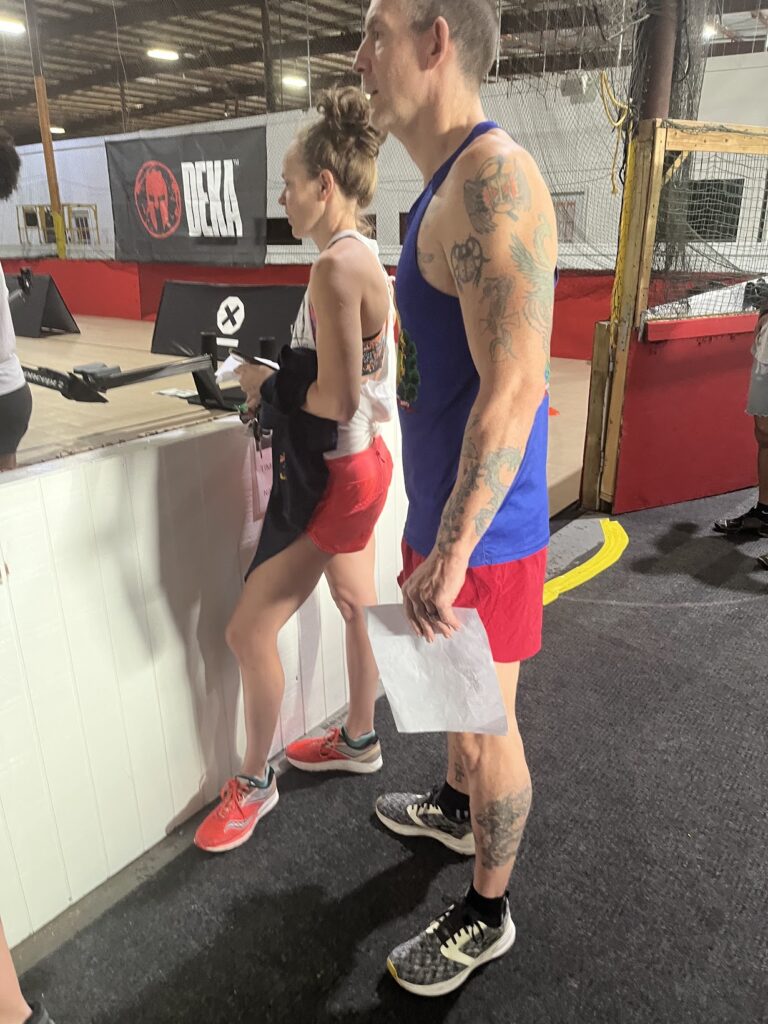 Heather and Geoff Hart waiting their turn to complete a Spartan DEKA strong at the X Gym in Myrtle Beach, SC 