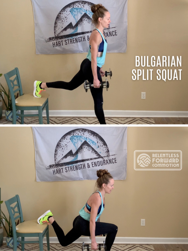 Heather Hart performing a Bulgarian Split squat at home as a part of a weight lifting routine
