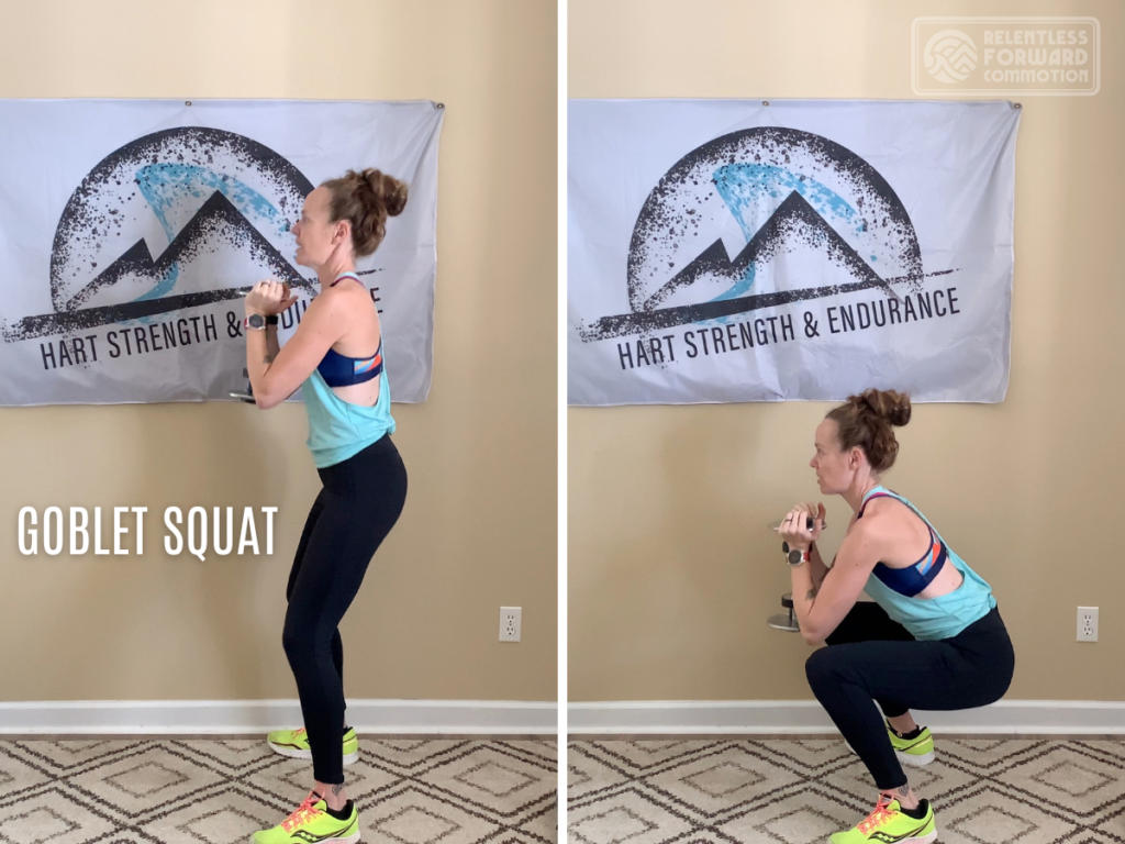 Heather Hart performs a Goblet Squat with a dumbbell at home.  Beginner Friendly Strength Training Workout for Runners